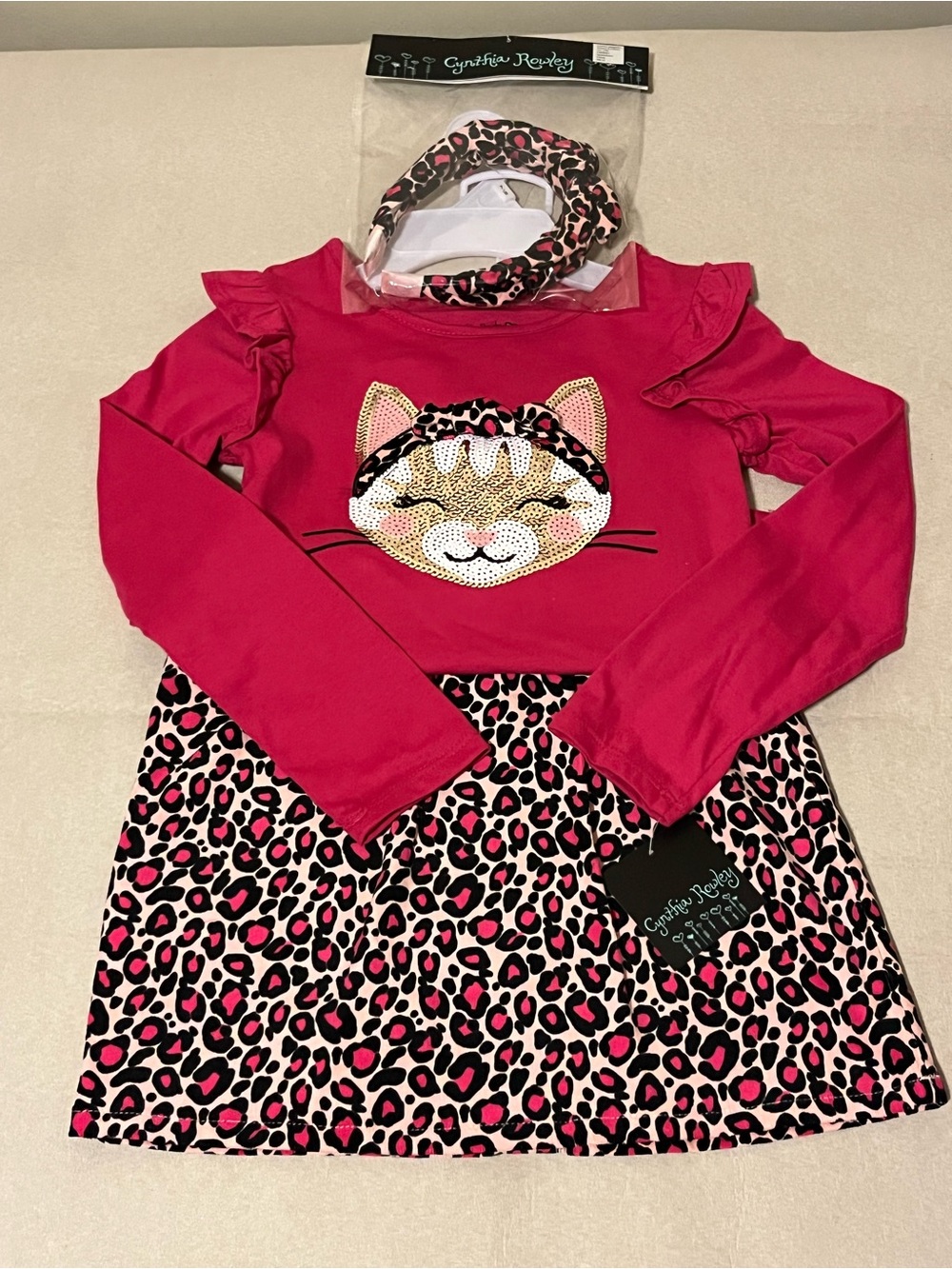 Cynthia Rowley Hot Pink Leopard Cat Two-Piece Outfit with Headband Size 7/8